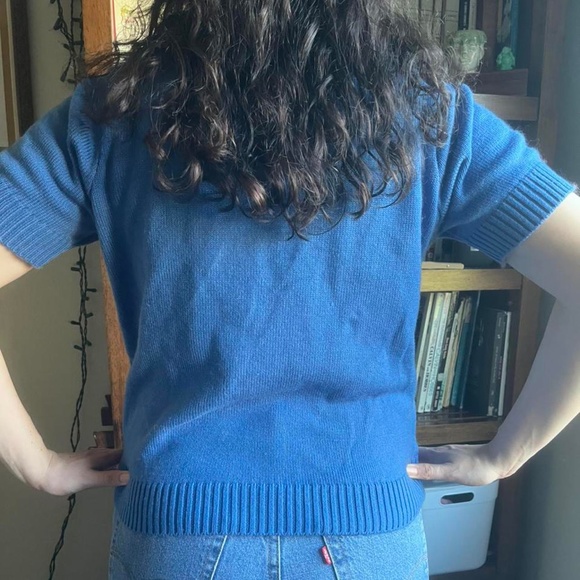 BLUE KNIT VINTAGE SHORT SLEEVE BLOUSE - Picture 4 of 4